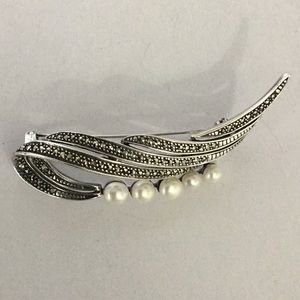 Sterling Silver Pave Marcasite & Pearl Brooch